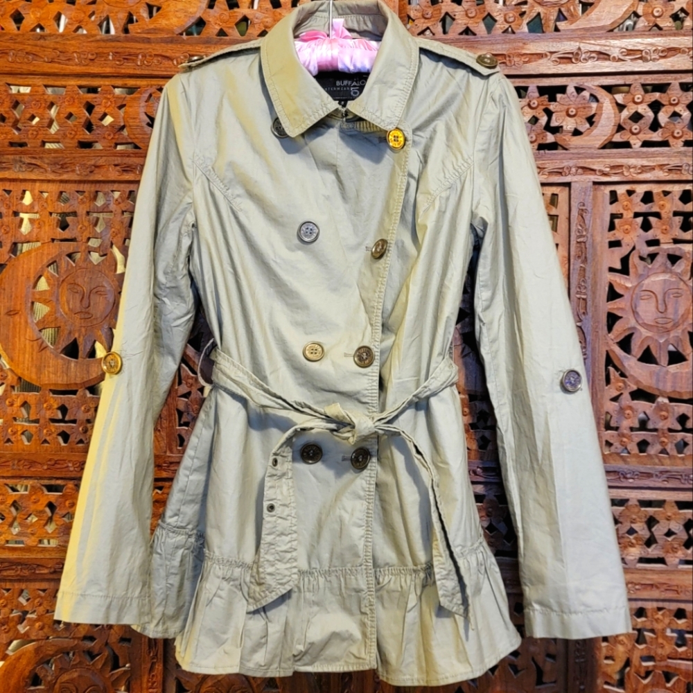 Buffalo Outerwear ruffled tie waist double breasted rain wind jacket khaki